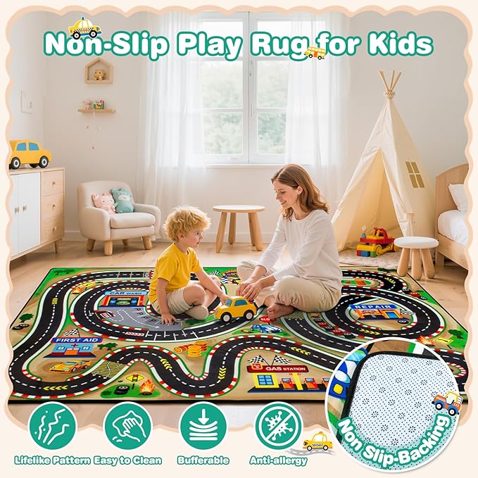 Kids Rug, Race Track Baby Play Mats, 5x7 FT Kids Rug for Playroom,Extra Thick (0.4in) Realistic 3D Cascading Surround Route, Great for Playing with Cars and Toys, Non-Slip Car Carpet