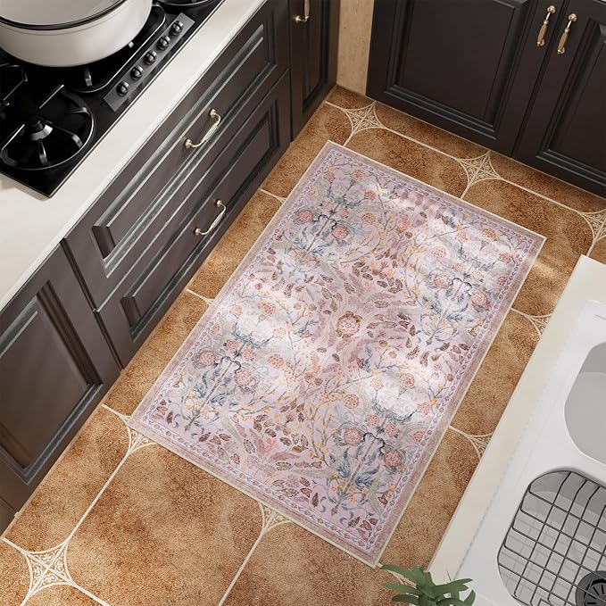 AMTOVO 2x3 Washable Entryway Area Rug Door Mat, Vintage Boho Floral Distressed Print Non-Slip Carpet, Small Throw Rug for Indoor Entrance Kitchen Bedroom Bathroom Laundry Floor, Pink