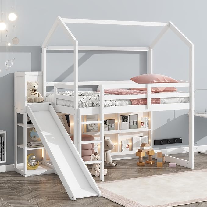Flieks Twin Size Wood House Loft Bed Frame for Boys Girls Kids Adults Toddler with Slide, Storage Shelves and Light, White
