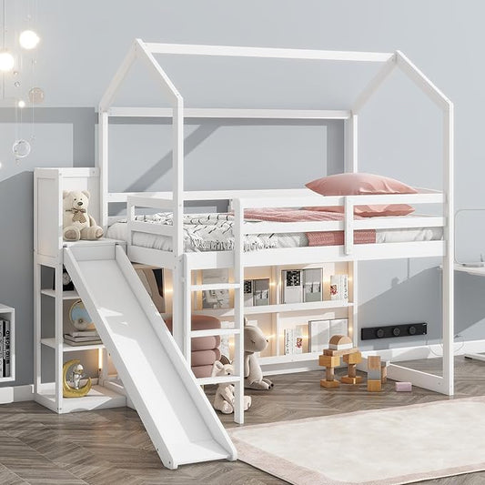 Flieks Twin Size Wood House Loft Bed Frame for Boys Girls Kids Adults Toddler with Slide, Storage Shelves and Light, White
