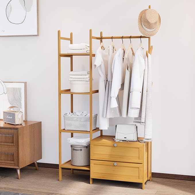 Clothing Rack with Shelves,Bamboo Clothes Rack,Ntural Clothes Rack Hanging,Drawers Hanging Racks,Garment Racks for Entryway Guestroom Bedroom(31.5inch Width Natural)