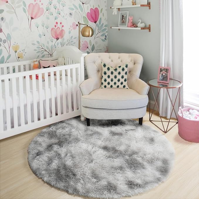 Amdrebio Tie-Dyed Light Grey Round Rugs for Living Room, 8x8 Rug, Extra Large Circle Area Rug for Bedroom, Soft Fluffy Carpet, Modern Floor Circular Rug, Big Shaggy Farmhouse Rug for Apartment