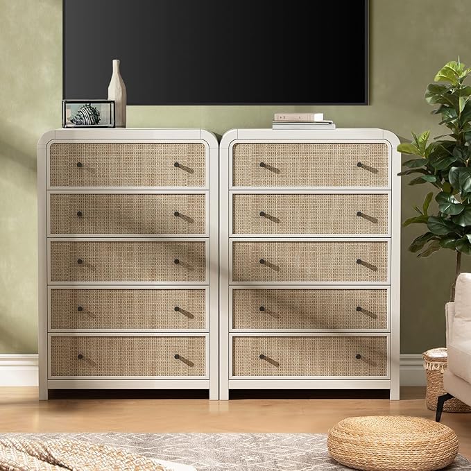 Oak&Sparrow 5 Drawer Tall Dresser for Bedroom, 47'' Rattan Dresser with Ample Storage, Boho Chest of Drawers, Thickened Curved Profile Design, Oak Dressers for Bedroom, Living Room