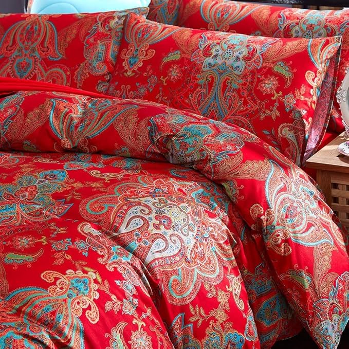 Vintage Red Floral Duvet Cover King Percale Long Staple Cotton Comforter Cover Floral Paisley Farmhouse Boho Flower Jacquard Bedding Set King Luxury Floral Red Duvet Cover with Zipper Ties