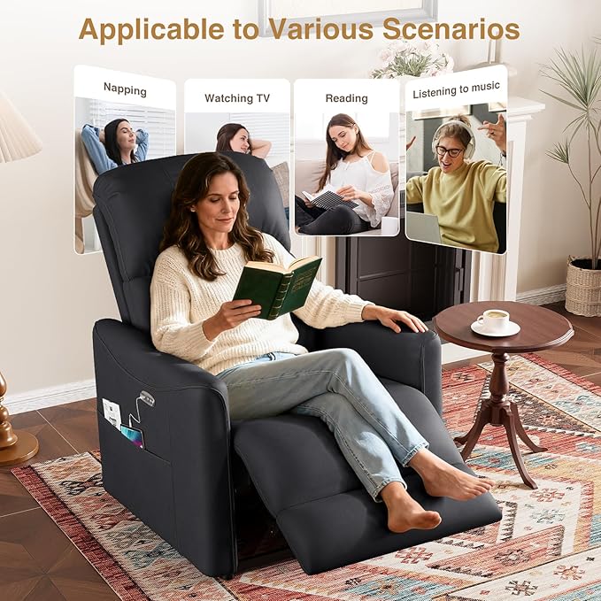 Adjustable Power Recliner Chair, Comfy PU Leather Electric Recliner Chair, Power Recliners with USB Port, Eco-Certified Small Recliners for Small Spaces Sofa Reclinable, Black