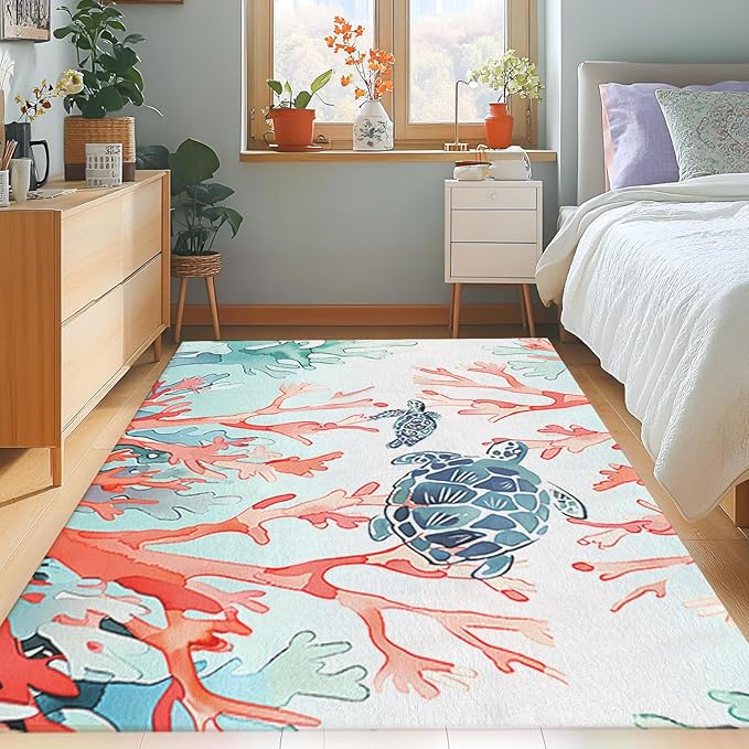 Ocean Coral Rugs,2x3ft Beach Carpet Red Blue Coral and Green Seaweed Printed Rugs,Ocean Themed Carpet for Bedroom Living Room Children's Room Cute Pink Non Slip Floor Mats