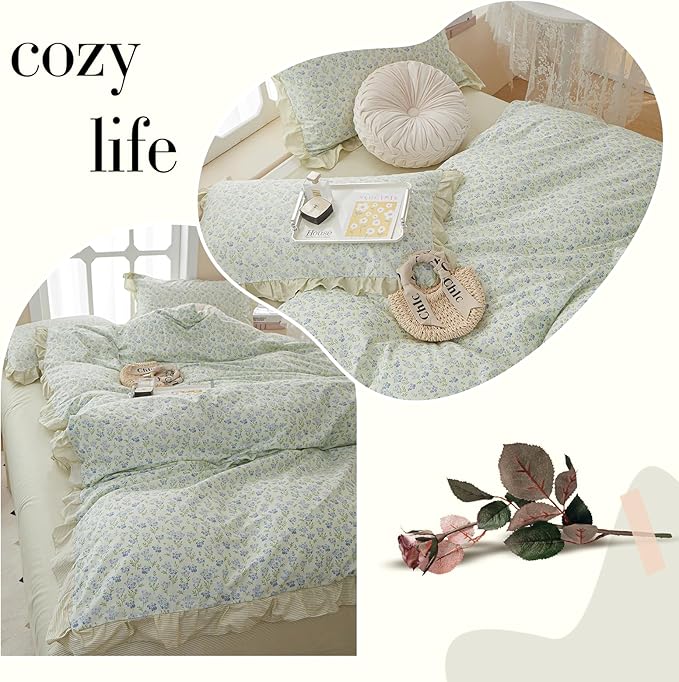 LifeTB Romantic Ruffle Duvet Cover Twin Garden Style Lace Duvet Cover Floral Pattern Blue Flower Comforter Cover Aesthetic Princess Lace Bedding Set 100% Cotton Floral Botanical Comforter Cover Twin