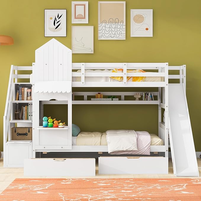 Twin-Over-Twin Castle Style Bunk Bed with 2 Drawers and 3 Shelves, Wood Bunk Bed Frame with Slide and Storage Staircase for Kids Teens Boys Girls, Maximize Space Savings