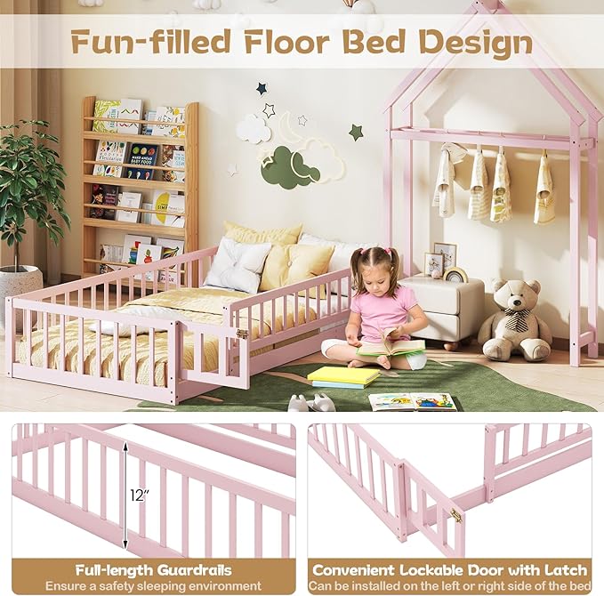 KOMFOTT Twin Size Floor Bed with House-Shaped Headboard, Kids Montessori Floor Bed with Detachable Clothes Hanger, Full Length Safety Guardrails, Door & Latch, Solid Wood Floor Bed Frame