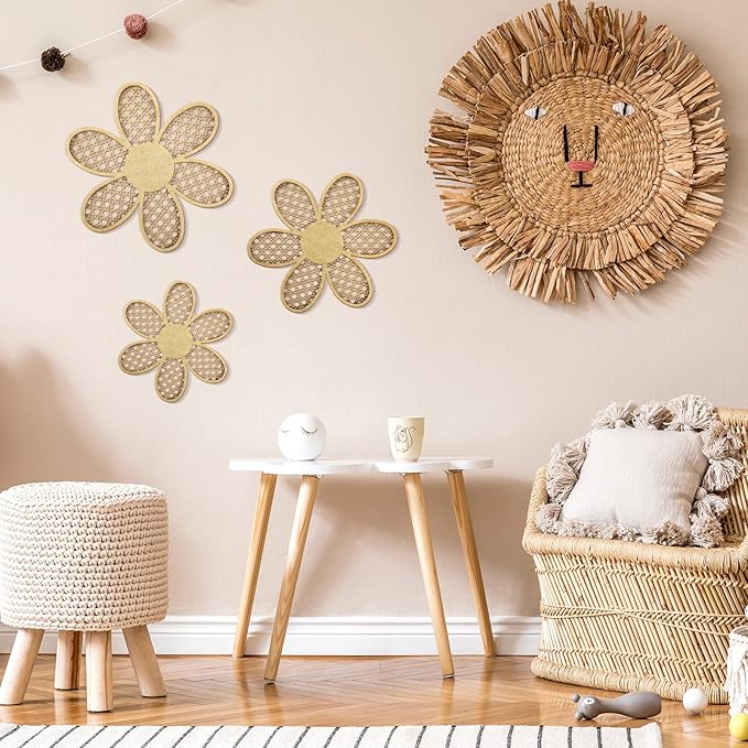 Maitys 3 Pieces Boho Daisy Wall Decor Natural Rattan Flower Wall Hanging Art Wooden Boho Art Nursery Flowers Farmhouse Hanging Decor for Home Office Nursery(Wooden Color)