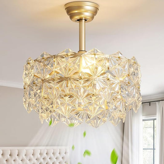 20" Gold Crystal Fandelier Ceiling Fan with Light, Mid-Century Chandelier Ceiling Fan with Light Remote Control, 6 Speeds for Bedroom, Nursery, Living Room