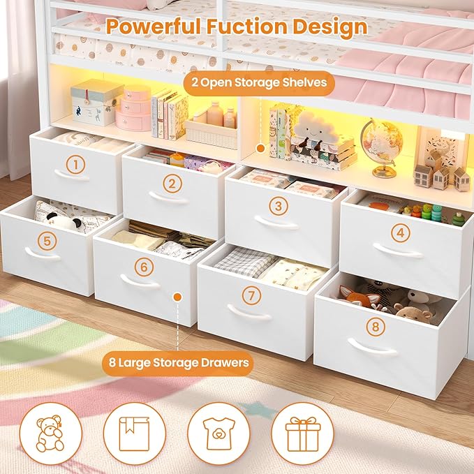 BTHFST Twin Size Loft Bed for Kids, 8 Storage Drawers & LED Lights, House Shaped Metal Bed with Bookcase, Soft Foam Ladder, 13.4" Safety Guardrail, Space Saving, Fun Curtain