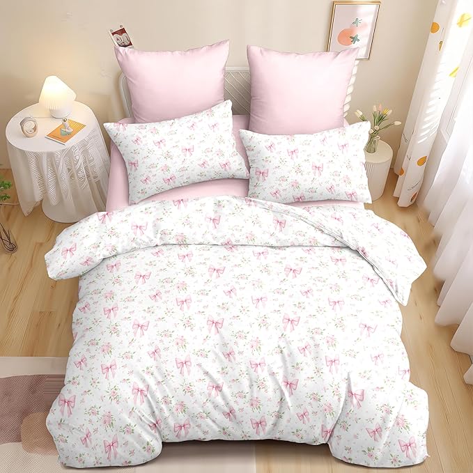 Duvet Cover Full 3Pcs Pink Floral Bow Bedding Set for Girls Kids,Cute Princess Style Bowknot Bedding,Ultra Soft Garden Flower Bedding with 2 Pillowcases(No Comforter)