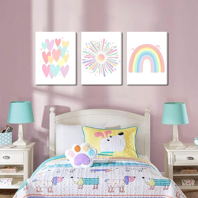 Framed Girls Rainbow Canvas Wall Art Set of 3, Colorful Boho Sun Nursery Wall Decor Painting, Kids Heart Picture Posters Prints for Classroom Kids Room Baby Room Bedroom Dorm Decor 16x24 In