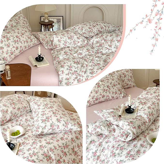 HighBuy Cute Floral Duvet Cover Twin Girl Ultra Soft Cotton Coquette Comforter Cover with Zipper Ties,Garden White Pink Floral Bedding Collection Twin,Extra Soft Floral Bedding Set 3 Piece
