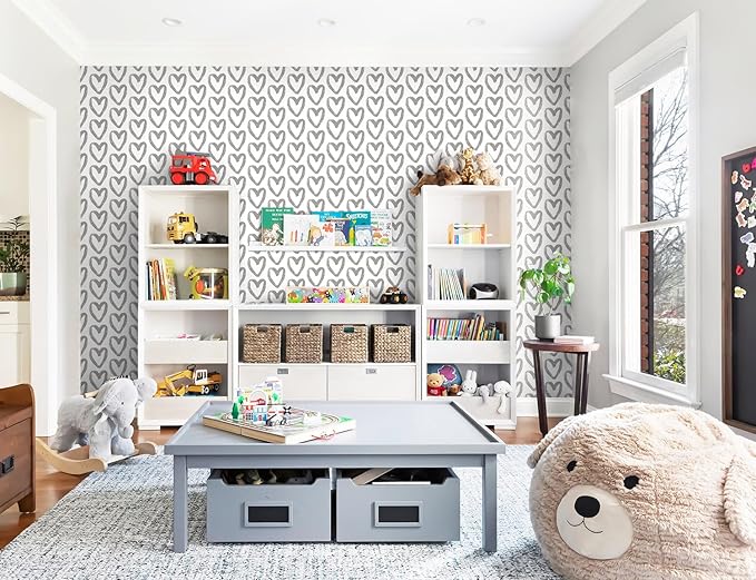Timeet Grey and White Wallpaper Peel and Stick Wallpaper Heart Geometric Contact Paper 17.7"x393.7" Modern Self Adhesive Removable Wallpaper for Bedroom Kids Room Wall Decor Vinyl