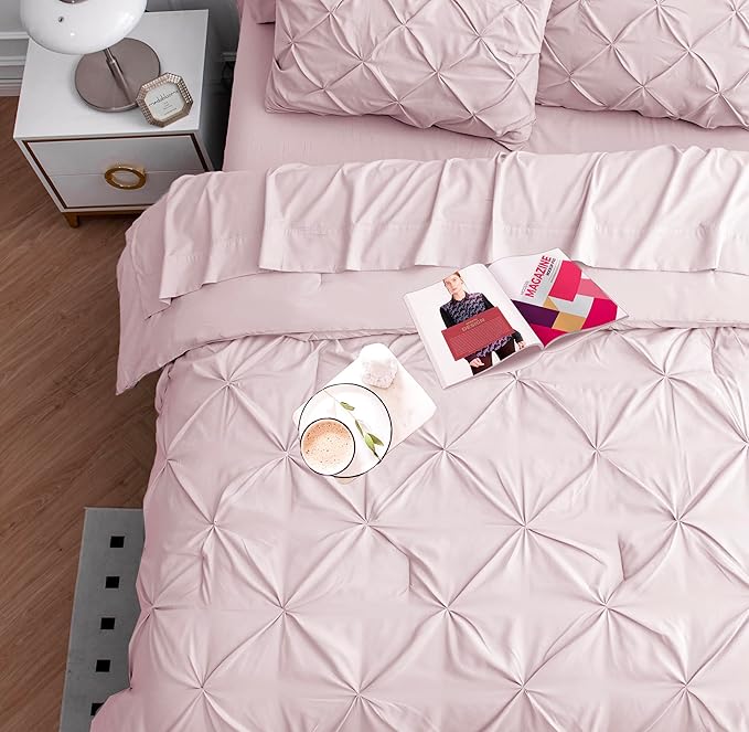 Lane Linen King Size Comforter Set - 7 Piece Bedding, Pintuck Bed in a Bag, Pink With Sheets, Pillowcases & Shams - Pinch Pleated, Sepia Rose