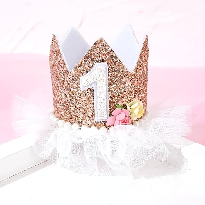 Crown for Girls' First Birthday, Rose Gold 1st Birthday Hat, Flower Tutu Crown, Cake Smash Props, Decorations for Girls
