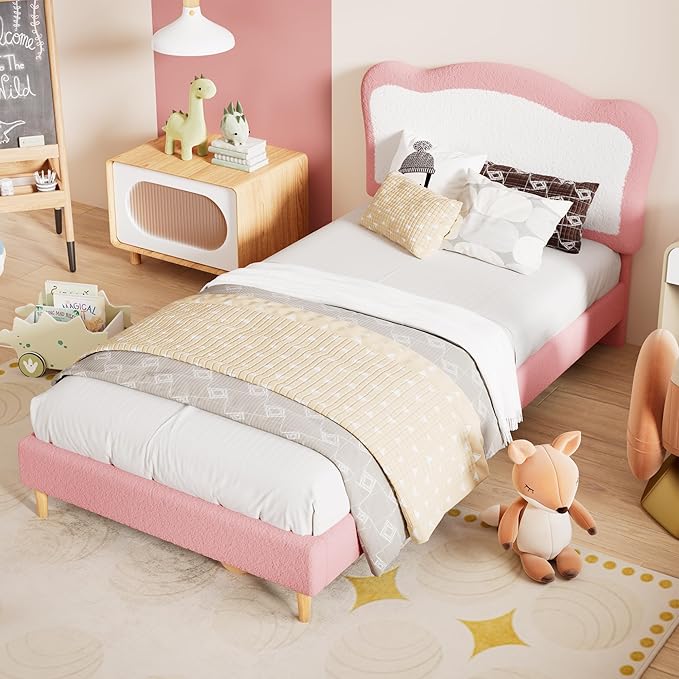 GarveeHome Upholstered Twin Bed Frame for Kids with Scallop Headboard, Cute Velvet Twin Bed for Girls, Boys, Sturdy Platform Bed, No Box Spring Needed, Wooden Slats, Noise Free, Pink White