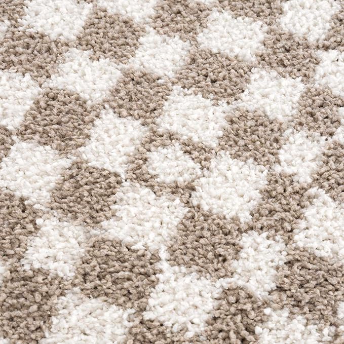 Hauteloom Kieu Contemporary Checkered Fluffy Shag Area Rug - Modern Geometric Soft Carpet Tiles for Living Room, Kids Room, Nursery - Gray, Taupe, White - 6'7" x 9'
