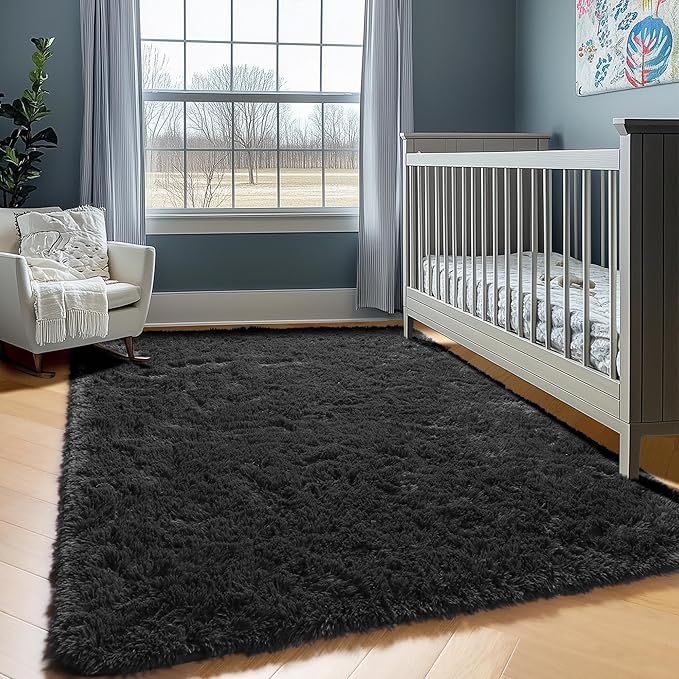 ONASAR Black Area Rugs 9x12 Living Room, Large Fluffy Shag Bedroom Rug, Washable Soft Plush Thick Shaggy Big Floor Carpet for Kids Boy and Girls Teen Dorm Nursery Indoor Home Decor Aesthetic