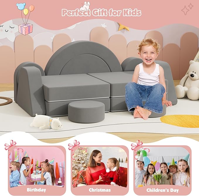 12 PCS Modular Kids Play Block Couch Child Sectional Sofa Toddler Building Fortplay Bedroom Playroom Baby Convertible Floor Foam Cushion for Boys & Girls (Dark Gray-Double)