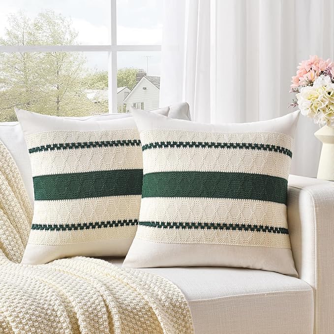 Fancy Homi Set of 2 Dark Green Boho Big Decorative Throw Pillow Covers 24x24 Inch for Couch Bed Sofa Bedroom Indoors, Modern Farmhouse Vintage Forest Green Living Room Decor