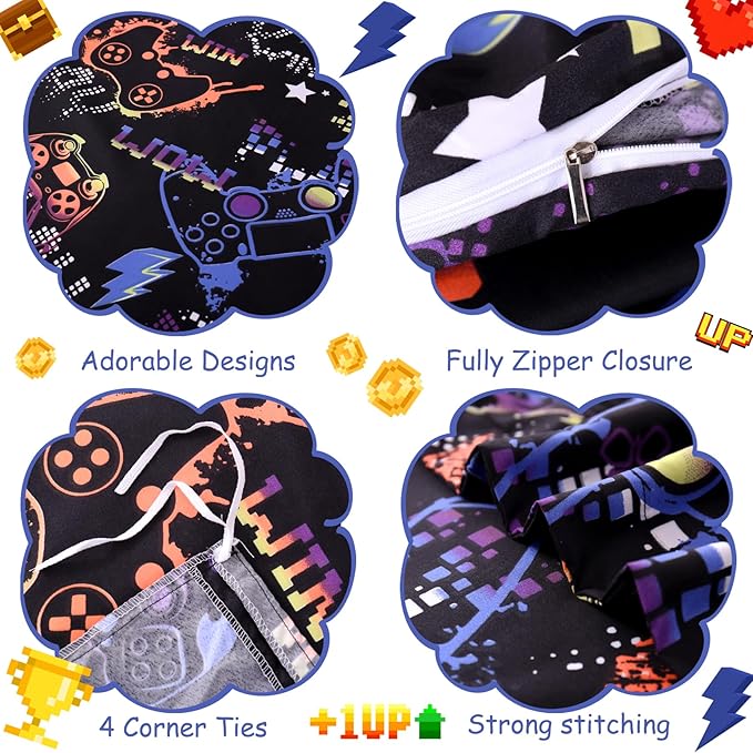 JSD Black Gamer Kids Duvet Cover Set Twin Size, 2 Piece Soft Printed Microfiber Comforter Cover with Pillow Sham Zipper Closure, Comforter Not Included