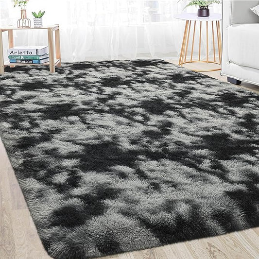 Merelax Soft Area Rugs for Livingroom Bedroom, Shaggy Plush Fuzzy Fluffy Carpet Furry Fur Rug, Modern Indoor Comfy Nursery Kids Dorm Home Decor Floor Mat, 4 x 6 ft, Tie-Dyed Black & Grey
