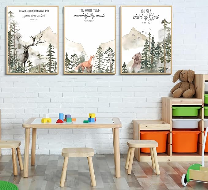 3pcs Forest Animals Bible Verse Wall Art Misty Forest Deer Bear Fox Paintings Canvas Prints Poster Inspirational Quotes Pictures Wall Decor for Home Bedroom Nursery Baby Room Playroom Decor Unframed