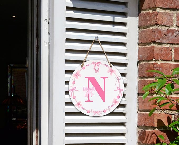 Monogram Round Sign For Front Door, Cherry Bow Theme Sign For Porch Art Wall Door, Initial Signs Hanging Ornament For Indoor Outdoor, Decorations Gifts For Four Seasons Rustic Home Kitchen, N, A14