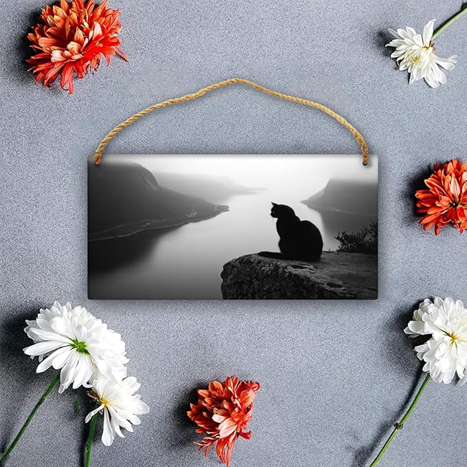 Monochrome Cat Landscape Wooden Sign 12x6 Inch, Farmhouse Wood Wall Decor Wood Plaque for Bedroom, Nursery & Kitchen, Ideal Home Decor for Pet Enthusiasts & Art Lovers