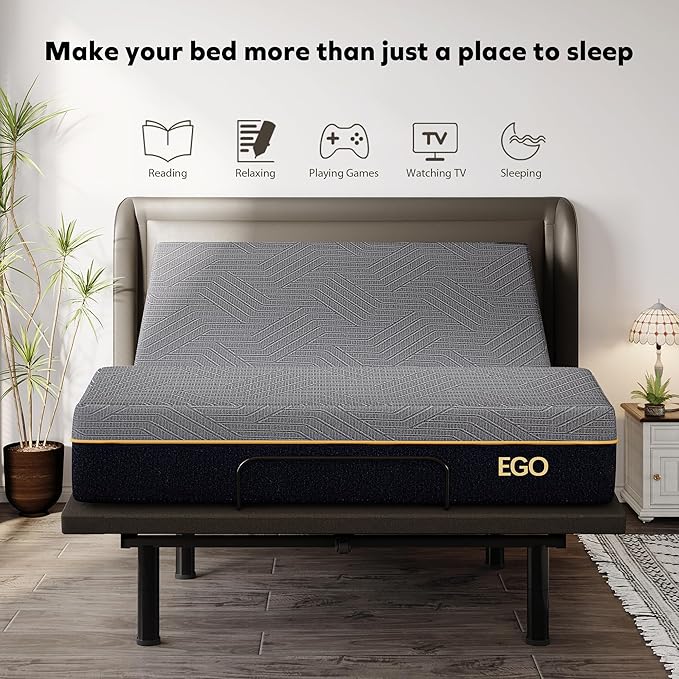 EGOHOME Adjustable Bed Frame Queen and 12" Memory Foam Mattress, Independent Head and Foot Incline Electric Bed with Massage, Wireless Remote, Zero Gravity, USB Ports, Adjustable Legs, No Headboard