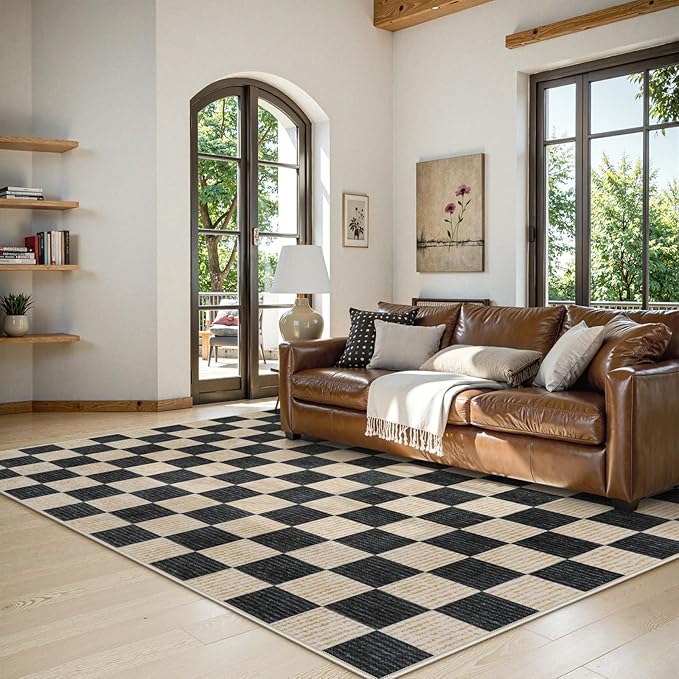 LIVEBOX Machine Washable Area Rug 6x9 Checkered, Non Slip Soft Large Bedroom Living Room Rug Farmhouse Neutral Classic Geometric Boys Rug, Indoor Carpet for Den Dorm Playroom(Black,6'x9')