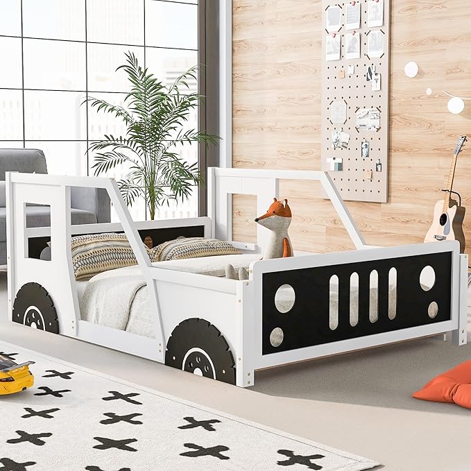 Full Size Car-Shaped Kids Bed with Headboard & Footboard and 4 Side Rails, Race Car Montessori Bed for Boys & Girls, White