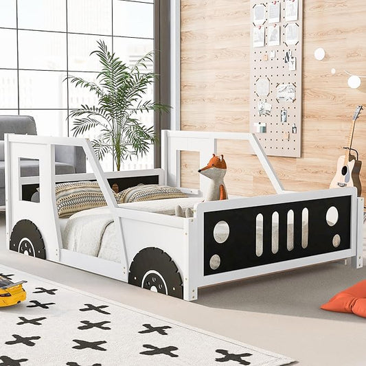 Full Size Car-Shaped Kids Bed with Headboard & Footboard and 4 Side Rails, Race Car Montessori Bed for Boys & Girls, White