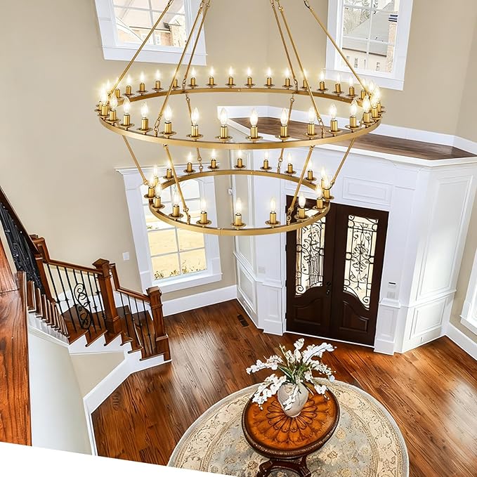 Wagon Wheel Chandelier, 2-Tier 54-Light Gold Large Modern Farmhouse Chandelier with Adjustable Height Island Light Fixture for High Ceiling Dining Room, Kitchen, Living Room, Entryways, Foyer
