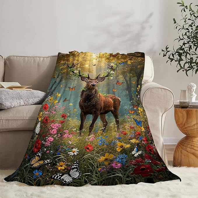 Forest Deer Blanket Hunting Elk Throw Blanket Wildlife Soft Cozy Fleece Fuzzy Stuffed Plush Flannel Gifts for Girls Women Boys Kids Adults 60"X80"