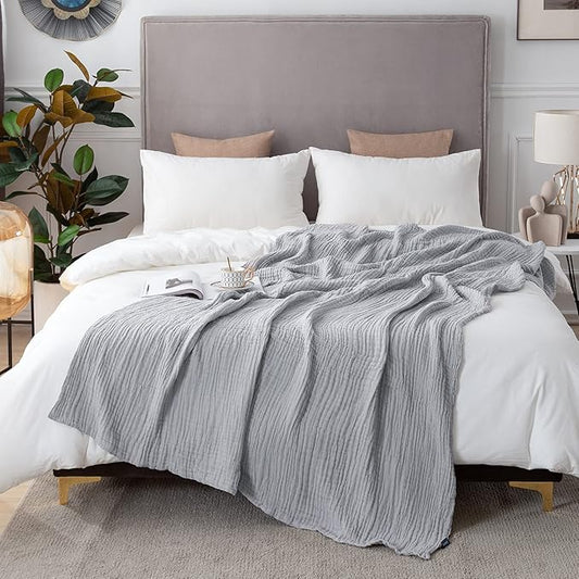 EMME Cotton Blanket Queen Size for Bed Soft Large Muslin Bed Blankets 90"x90" Lightweight Breathable Blanket All Season Gauze, Light Grey