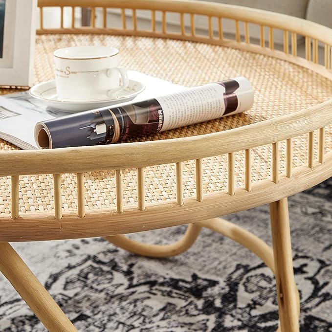 FINECASA Round Rattan Coffee Table, 32'' Wicker Boho Hand-Woven Top, Modern Unique Farmhouse Tray Top Center Table for Living Room Apartment Small Space, Natural Rattan