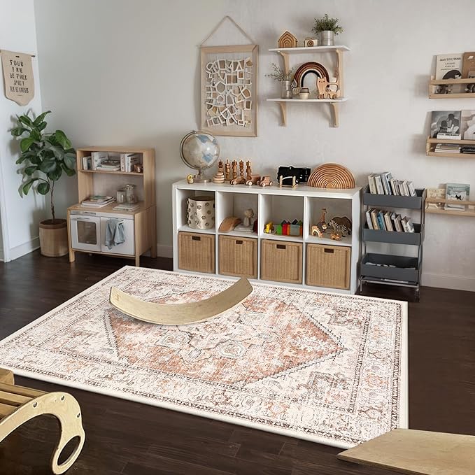 LIVEBOX 5x7 Area Rugs for Living Room, Washable Nursery Orange Boho Rug Soft Non-Slip, Low-Pile Vintage Medallion, Retro Faux Wool for Dining Room, Bedroom, Office