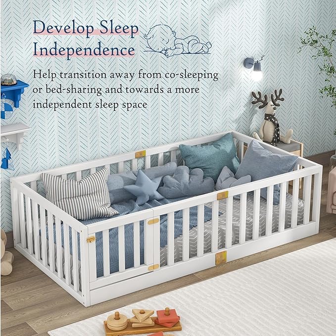 Tatub Twin Montessori Floor Bed with High Rails, Solid Wood Montessori Bed Frame for Kids, Door Can Install Left and Right, Twin-White