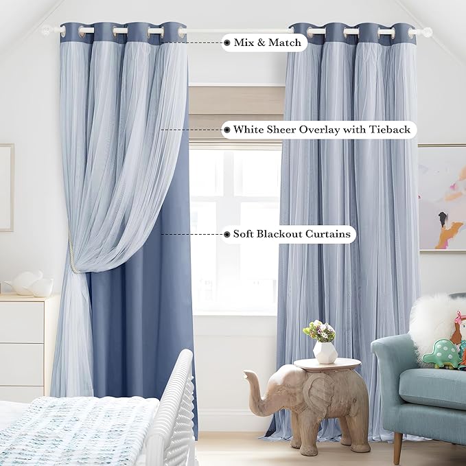 PONY DANCE Curtains for Living Room - Blackout Curtains and White Sheer Overlay Light Blocking Grommet Drapes for Bedroom Kids Room Darkening with Tiebacks, (52x84 inches, Blue Haze, 2 Pieces)