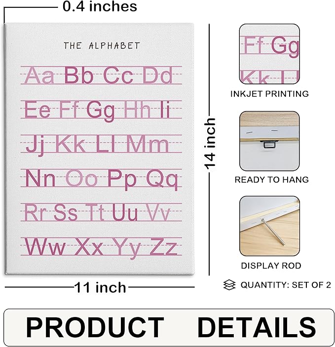 HRQKO Alphabet Numbers Nursery Canvas Wall Art Set of 2, Pink Kids Room Decor Framed Art, ABC Numbers Educational Posters Wall Decor for Classroom Toddler Kids Nursery Bedroom Playroom, 11x14 inch