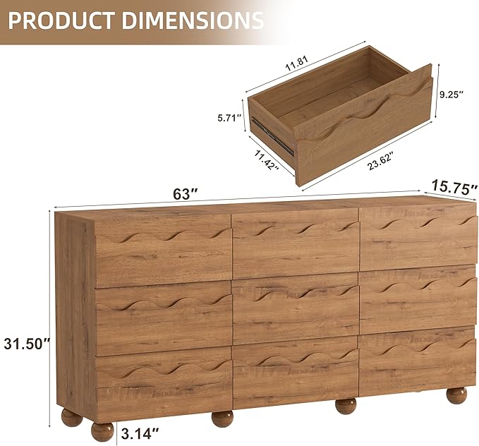 Anbuy 9 Drawers Dresser for Bedroom, Scalloped 63" Wide Modern Chest of Drawers with Hidden Handle, Wooden Dresser, Fluted Wood Closet Clothes Storage Organizer for Living Room, Hallway, Natural Oak