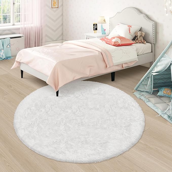 4 ft Round Fluffy White Rug for Bedroom,Tie Dyed Furry Round Carpet Non Slip Fuzzy Shaggy Plush Circle Area Rug for Living Room Teen's Room Nursery Room Playroom Kids Room Home Decor Washable