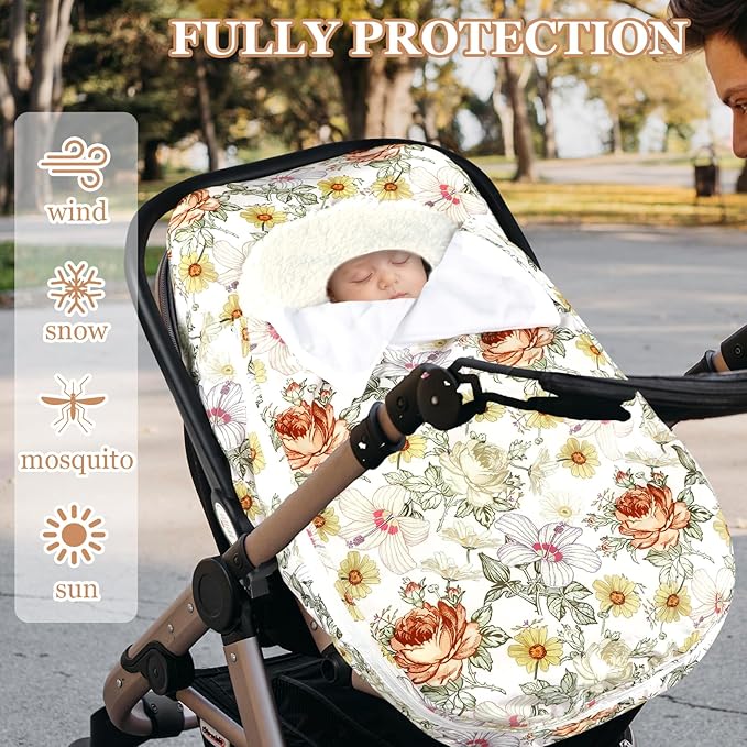 Winter Car Seat Cover for Babies Girl Boy, Super Warm Plush Fleece Infant Carseat Cover for Stroller Car Seat, Double Sides Zipper Winter Car Seat Canopy for Newborn, Yellow Vintage Floral