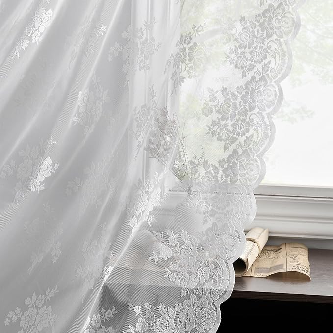 Kotile White Lace Curtains 54 Inch Length 2 Panels, W42 x L54 Inch Each, Country Rustic Floral Sheer Lace Curtains for Bedroom, Rod Pocket Privacy Light Filtering Window Lace Curtain
