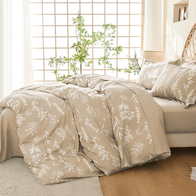 MUXHOMO Duvet Cover Queen Size, Reversible Floral Beige Duvet Cover Set with Zipper Closure, 3 Pieces Botanical Patterns Soft Microfiber Bedding Set with 4 Ties (90"x90", 2 Pillow Cases)