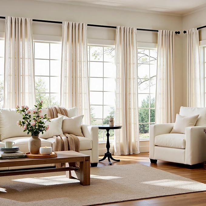 jinchan Beige Linen Blend Curtains 90 Inches Length 2 Panels for Bedroom Living Room, Light Filtering 60 Inches Wide Natural Farmhouse Drapes with Rod Pocket Back Tab (60W x 90L, Ecru)